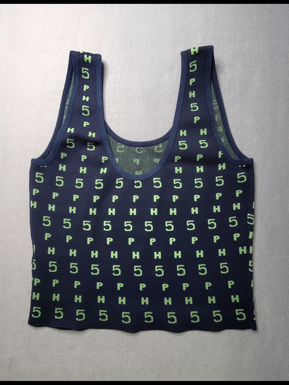 PH5 Womens Knitted Crop Tank Top Alphanumeric Sequence Color Navy And Green Sz S